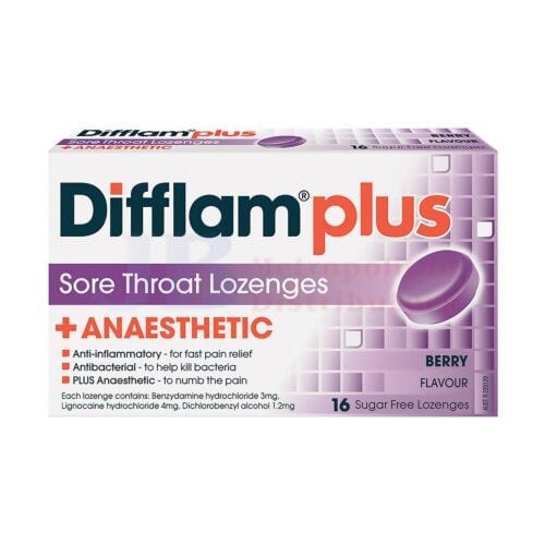 Difflam Individual Difflam Plus Anaesthetic Berry Lozenges (16 Pack) 9314057009239 JBMDPB Difflam Plus Anaesthetic Berry Lozenges (16 Pack)